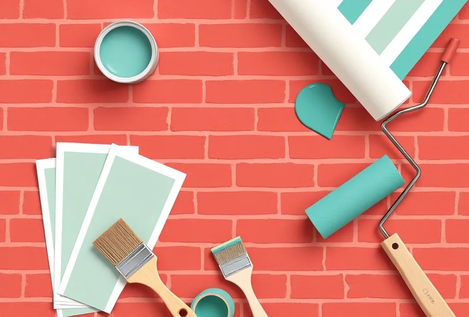 Pots de peinture, nuancier, brosses et rouleaux disposés à plat