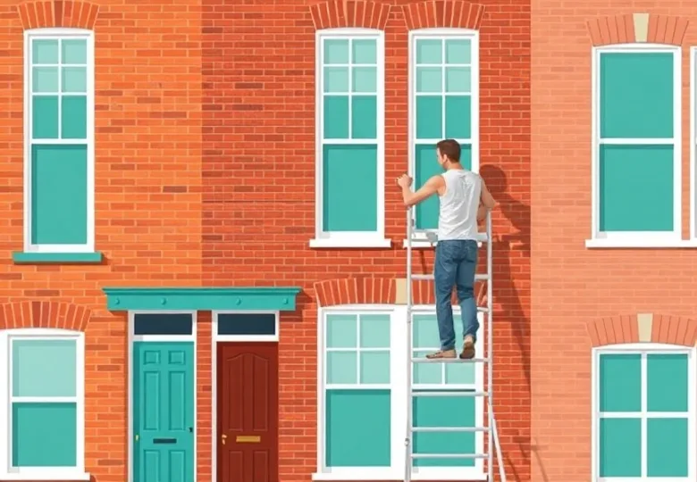 Peintre sur échafaudage traitant la façade d'une maison